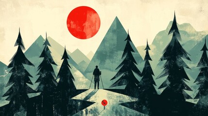 graphic design mountain expedition, triangular pine trees, solitary trekker, exaggerated gps marker, pale sun circle, mid-century modern influenced artwork