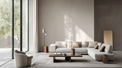 Simple modern living room with soft beige and gray furnishings. Featuring a clean, spacious design with minimal decoration. Showcasing contemporary style and clarity. Ideal for home decor marketing