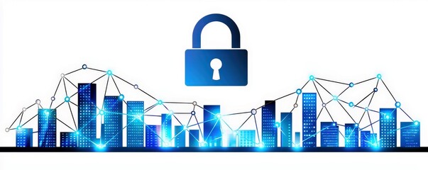 Poster - Digital City Skyline with Data Points and Security Lock