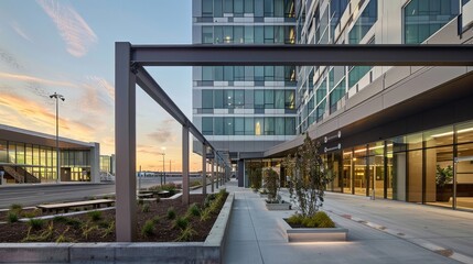 Modern airport hotel exterior at sunset. Travel accommodations, hotel entrance, architecture, nearby terminal, and business trip stay.