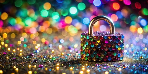 glittering padlock covered colorful jewels bokeh light background