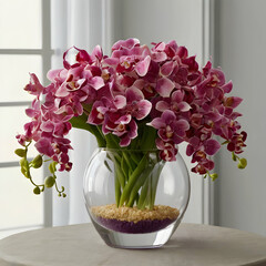 Generate a lifelike image of a lush floral arrangement in a clear glass bowl-shaped vase. The arrangement should consist of pink and purple flowers, including orchids, tulips, and perhaps roses or cal