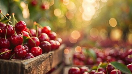 Poster - This Cherries fill wooden crates, basking in warm sunlight during a serene sunset in an orchard.