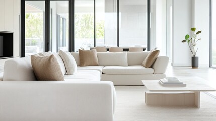 Simple modern living room with white and beige furniture. Featuring a bright, open layout with minimal decor. Showcasing contemporary style and minimalism. Ideal for home decor portfolios