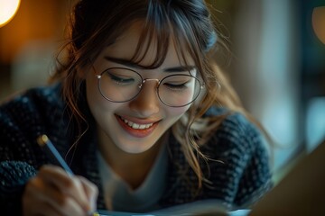 Fototapete - Lovely lady in glasses happily completing survey form, attentively answering questions with a pen at a desk.