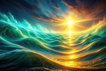 Glowing teal and yellow abstract waves of light and energy on a wide-angle shot