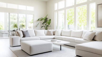 Simple modern living room with white and gray furniture. Featuring a bright, open layout with minimal decoration. Showcasing contemporary minimalism and style. Ideal for home decor marketing