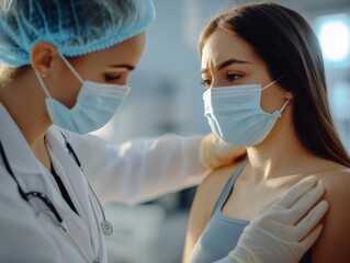 Female doctor examines young woman during a consultation in clinic.