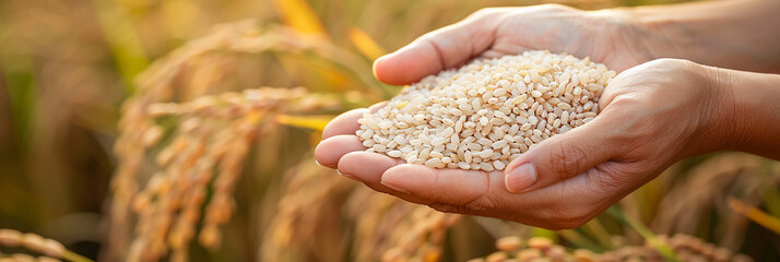 close-up of hand holding rice grain in foreground, symbol of agricultural production and food securi