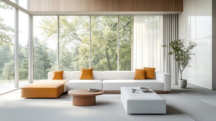 Simple modern living room with white and light amber furniture. Featuring a clean, bright design with minimal decoration. Showcasing contemporary style and warmth. Ideal for home decor marketing