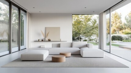 Simple modern living room with white and light gray furniture. Featuring a clean, airy layout with minimal decoration. Showcasing contemporary style and serenity. Ideal for home decor showcases