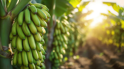 A bunch of bananas hanging from a tree. The bananas are green and are growing in a field