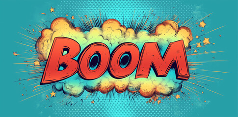 Wall Mural - Comic book style image with word boom in speech bubble, create sense of power and impact. Vibrant color scheme.