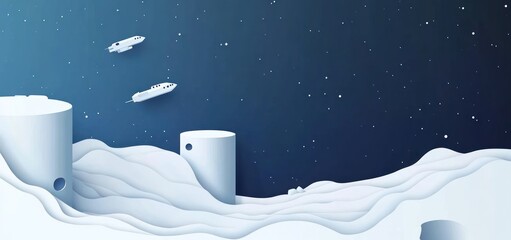 Wall Mural - a futuristic landscape featuring spacecraft amidst a snowy terrain and starry sky.