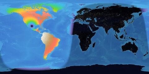 Wall Mural - graphic representation of the path of the moon shadow during a total eclipse over earth map. element
