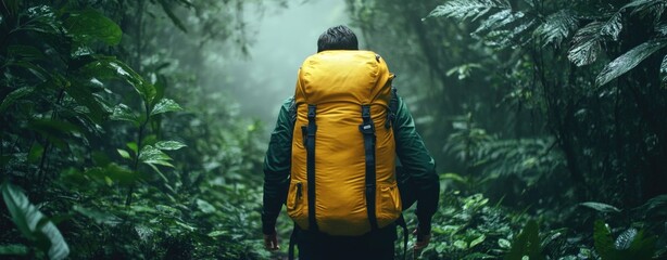 A hiker with an oversized yellow backpack stands in the dense jungle.