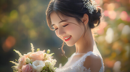 a happy young bride in a wedding dress and a bouquet in her hand smiles against a background of flow