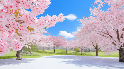 Poster - A tranquil scene of cherry blossom trees in full bloom, their delicate pink petals creating a soft, dreamy landscape under a clear blue sky