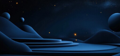 Wall Mural - abstract landscape with smooth curves, spheres, and a starry night backdrop.