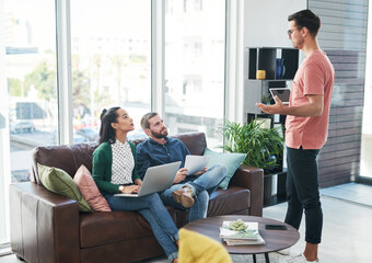 Aufkleber - Man, team and meeting with discussion in office with presentation, scrum and teamwork at media company. Person, woman and group with laptop, notes and listen to pitch for review at creative agency