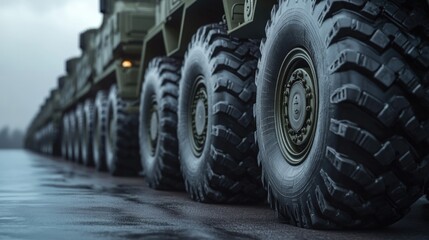 A row of military trucks with large tires and powerful engines is standing on the road.