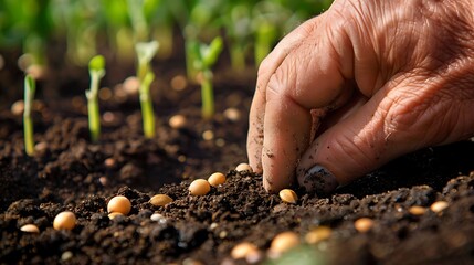 Farmer hand planting a a seed in soil, close up