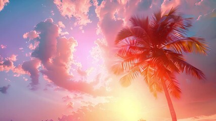Poster - A palm tree stands on the sandy beach, silhouetted against the vibrant hues of the setting sun.