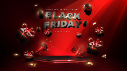Wall Mural - Black Friday template with empty red podium decorated with realistic 3D elements such as balloons, ribbons, megaphones, gift boxes and %.