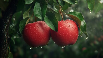 Two fresh, ripe red apples hanging on the branch, green leaves and water droplets on them
