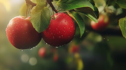 Two fresh, ripe red apples hanging on the branch, green leaves and water droplets on them
