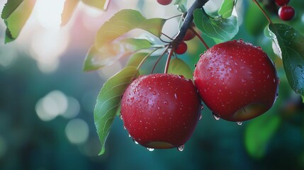 Two fresh, ripe red apples hanging on the branch, green leaves and water droplets on them
