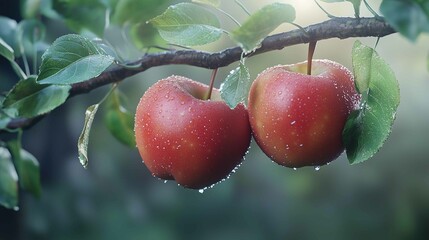 Two fresh, ripe red apples hanging on the branch, green leaves and water droplets on them
