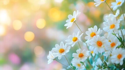 Closeup of delicate white daisy flowers with yellow centers blooming in a lush,vibrant green spring meadow against a soft blurred background of foliage. Peaceful,serene.