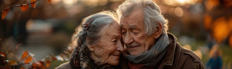 Older couple embracing each other in a park setting, love background