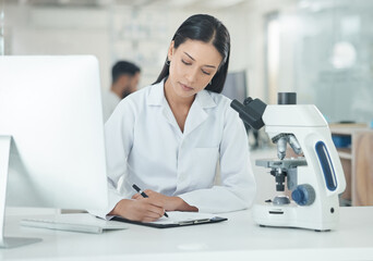 Poster - Scientist, woman and notes from microscope research and medical analysis in clinic laboratory. Chemistry, paperwork and hospital document for monkeypox vaccine and science work with virus study