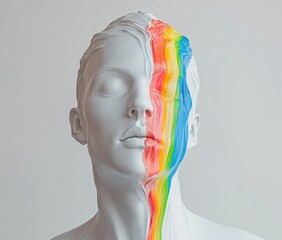 White sculpture of a man with a colorful rainbow paint on his face.