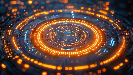 Poster - Futuristic technology center with glowing orange and blue lights forming a digital vortex. Abstract data and tech design