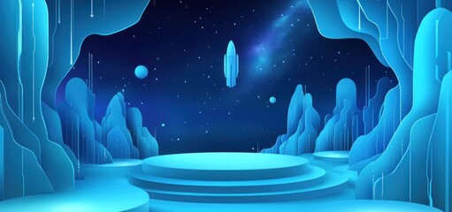 Wall Mural - a futuristic, blue-toned landscape with floating elements and a cosmic backdrop.
