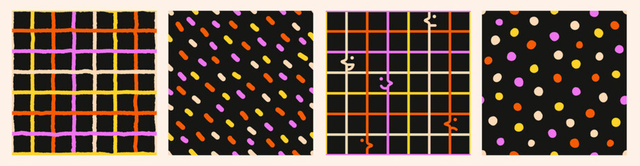 Wall Mural - seamless pattern set of multicolored hand drawn curved checkered lines, polka dots and strip. modern