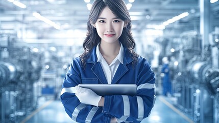 Confident young factory technician with tablet in industrial setting