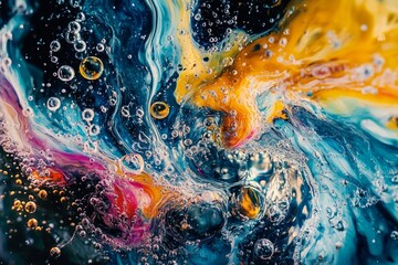 Wall Mural - Vivid swirl of colors creates a captivating abstract image. Rich blues and fiery oranges dance with bubbles in a stunning display of fluid art. Generative AI.