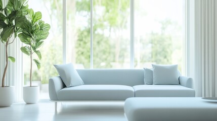 Simple modern living room with white and soft blue furnishings. Featuring a clean, bright layout with minimal decoration. Showcasing contemporary style and calmness. Ideal for home decor marketing