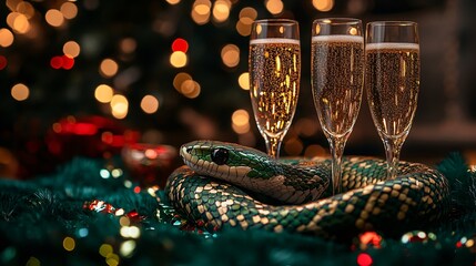 Poster - A stylized snake wrapping around New Year's symbols like champagne glasses and confetti with 2025 in bold gold lettering Stock Photo with side copy space