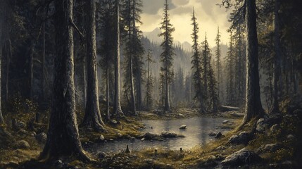 Wall Mural - Peaceful Forest Clearing with a Still Pond