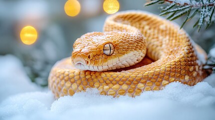 A winter scene where a golden snake curls up beneath a snow-laden tree with a soft glow of festive lights in the background Stock Photo with side copy space