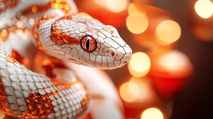 Poster - A radiant snake with sparkling scales winding through a cascade of glowing lanterns creating a festive celebration vibe Stock Photo with side copy space