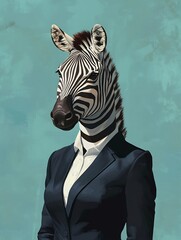 Female zebra in a sleek office outfit on a soft blue background.