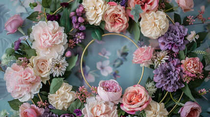 Wall Mural - Beautiful floral background with a variety of flowers in soft pink, cream, and purple hues.