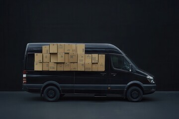 A black delivery van is loaded with cardboard boxes.