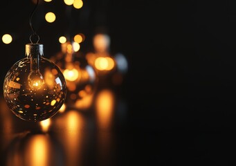 Black background with three transparent glass Christmas ornaments, golden ribbons, and glowing light effects inside the spheres, creating an elegant and festive atmosphere for a New Year's Eve